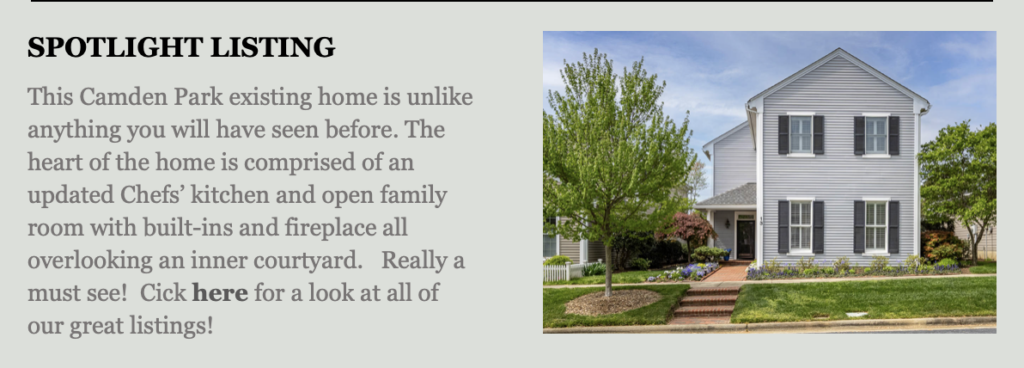 A two-story gray house with white trim, black shutters, and a brick walkway, surrounded by a green lawn, trees, and shrubs. Fearrington Village